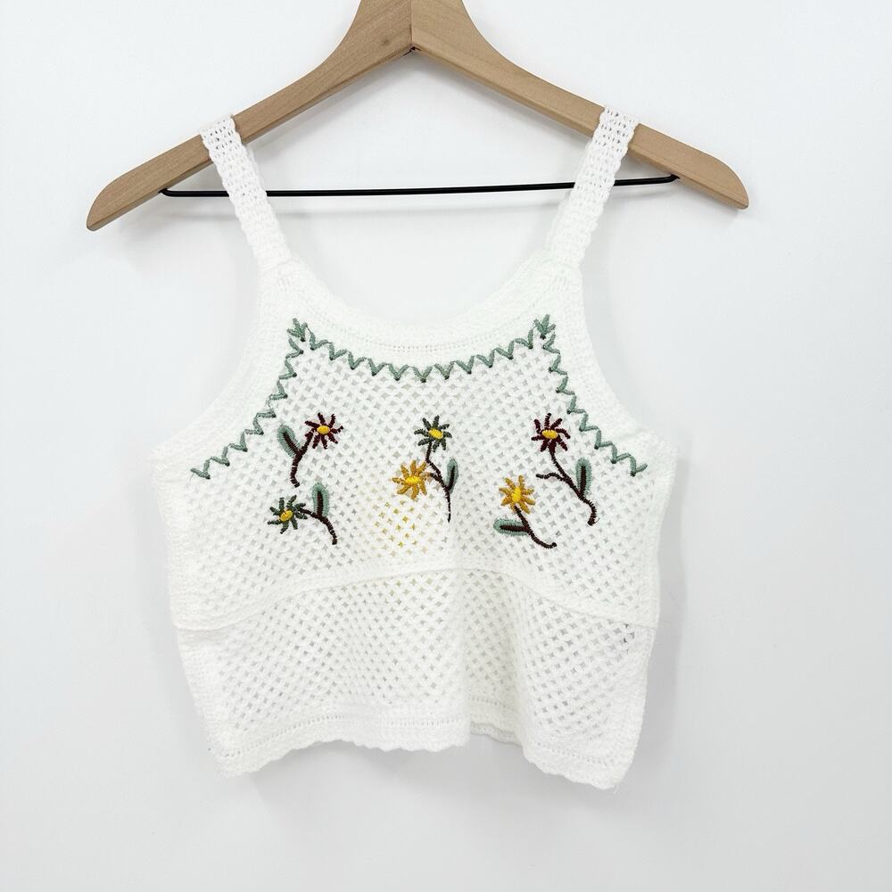 Rebellion Womens Crochet Knit Cropped Tank Top‎ S White Floral Embroidered Boho